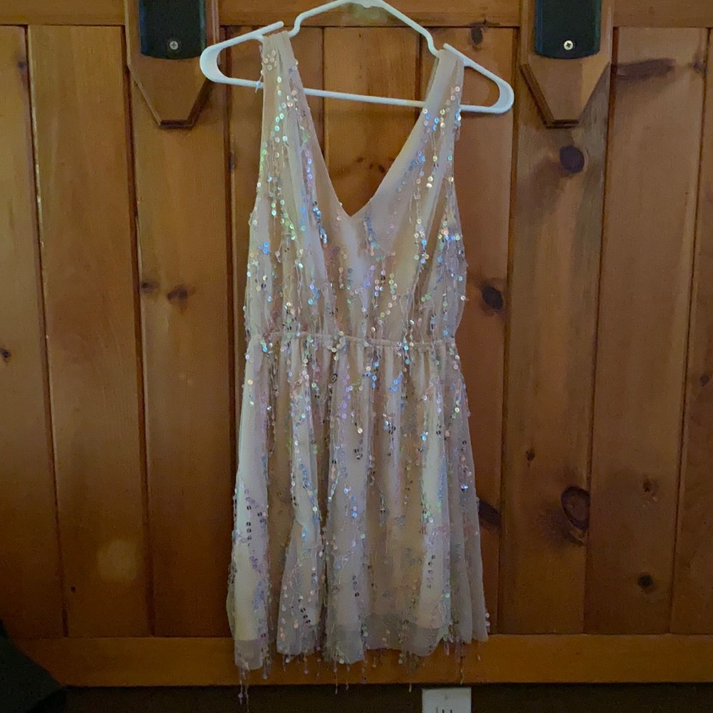 Nude cocktail dress with multicolored sequins